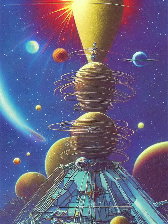 Image similar to round coconut space rocket fly at vanilla orchids galaxy cosmic nebula, style of moebius, vincent di fate, john berkey, michael whelan volumetric light, mega detailed, beautiful composition, beautiful lighting