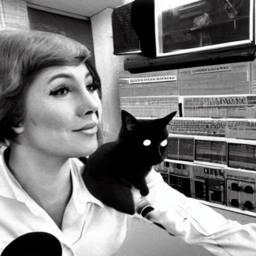 Prompt: A cat newscaster, 1970s