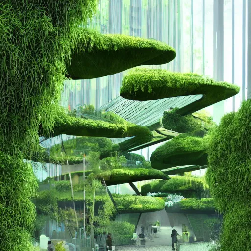 Image similar to bioclimatic biomimicry architecture with greens, realistic, artstation.