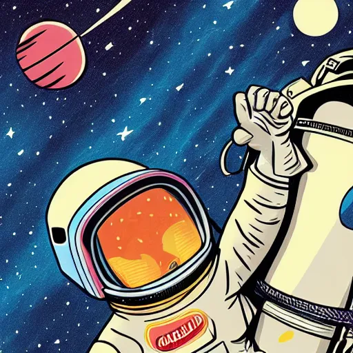 Prompt: colorful pixar, mcbess illustration, an astronaut drifting through space