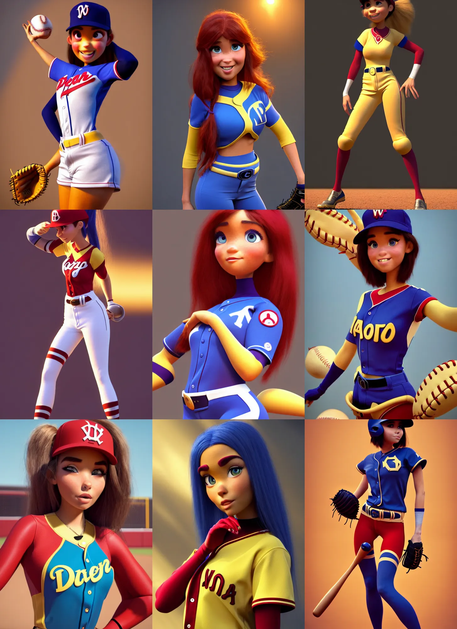 Prompt: pixar woman madison beer as baseball cosplay | jewelry | glamorous oily soft polished rich racy ornate modern | weta disney movie still photo | hi - fructose, sci fi fantasy, golden ratio, smooth, octane render, sharp focus, artstation, concept art | rutkowski, artgerm, mucha, wlop, loish |