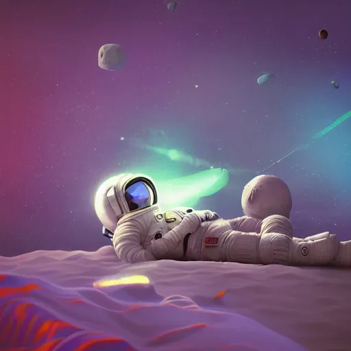 Image similar to astronaut sleeping in bed on moon, bioluminescence, vegetation, colorful, rim light, highly detailed, tilt shift, digital painting, concept art, smooth, sharp focus, pleasing aesthetics, 3 d render, octane render, disney pixar, 4 k