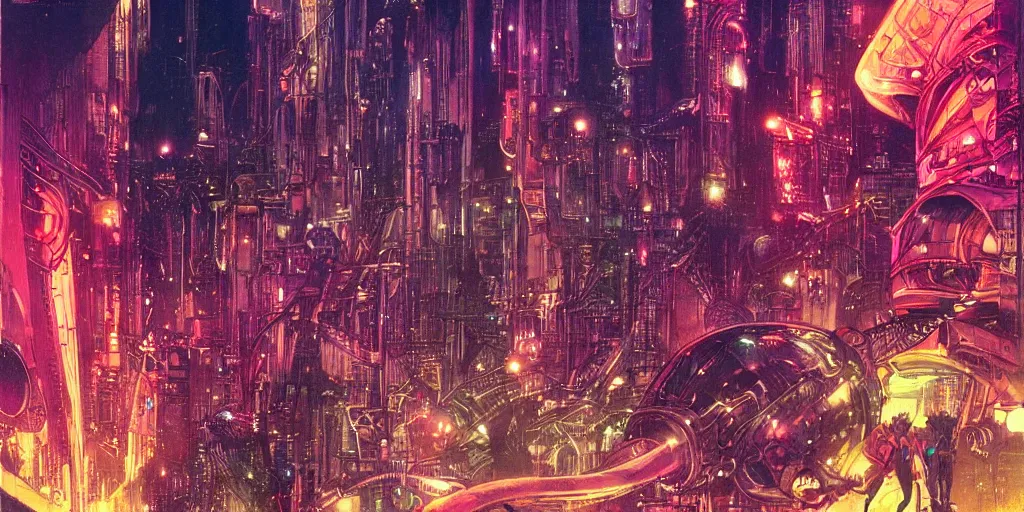 Image similar to vast futuristic steampunk city, dark tall people, night, colored neons, mist, video screens, street lights, cinematic, illustration by moebius and Bill Sienkiewicz