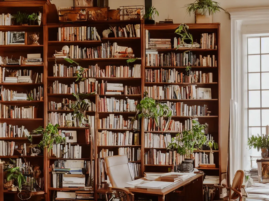 Image similar to A beautiful office room with mahogany bookcases and many beautiful plants and sunset light coming through the windows