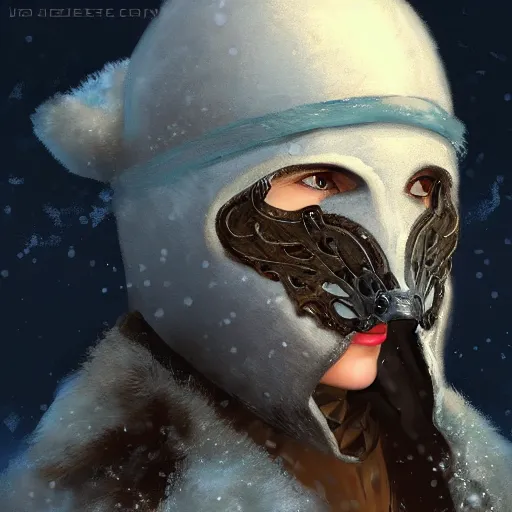 Prompt: “ fantasy snow bandit ‘ icewind dale ’ with mask, digital portrait by justin sweet, soft focus, oil paint, epic, artstation ”