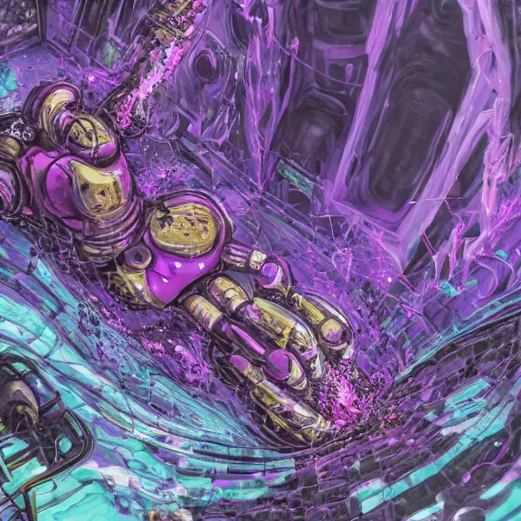 Prompt: detailed shot of inside a cavernous stomach of a mecha goddess, the walls purple and pulsing, lots of acid pooling up on the floor, digesting and dissolving a small human as it thrashes in acid, food pov, micro pov, vore, digital art, furry art, anthro art, high quality, 8k 3D realistic, macro art, micro art, Furaffinity, Deviantart, Eka's Portal, G6