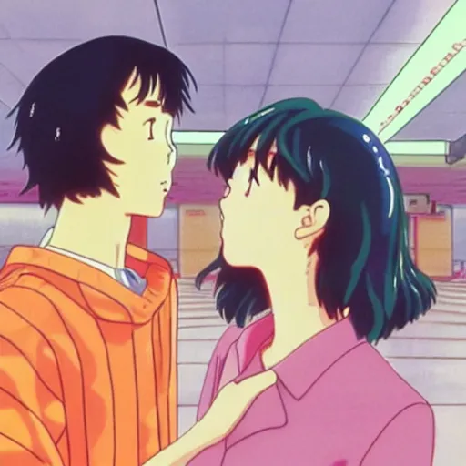 Image similar to woman saying goodbye to her lover at the airport, sprite, vaporwave nostalgia, directed by beat takeshi, visual novel cg, 8 0 s anime vibe, kimagure orange road, maison ikkoku, sketch by osamu tezuka, directed by makoto shinkai and beat takeshi