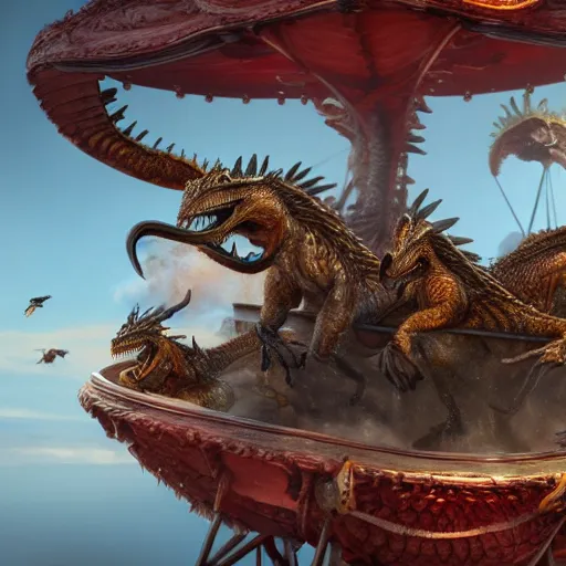 Image similar to raptors riding on tea cup ride, photorealistic, high resolution, vray, hdr, hyper detailed, insane details, intricate, elite, ornate, elegant, luxury, dramatic lighting, octane render, weta digital, micro details, 3 d sculpture