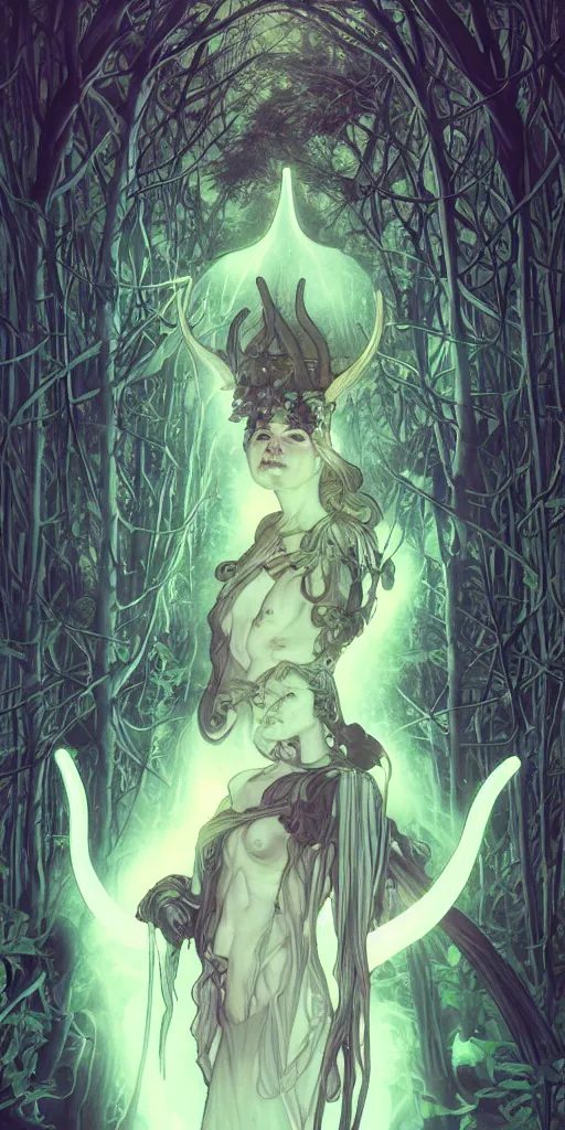 Image similar to bioluminescent glowing pagan god with horns in very dark forest by artgerm and alphonse mucha, portrait, fantasy, clear, light beams, lens flare, intense, uhd, amazing depth, cinematic lighting