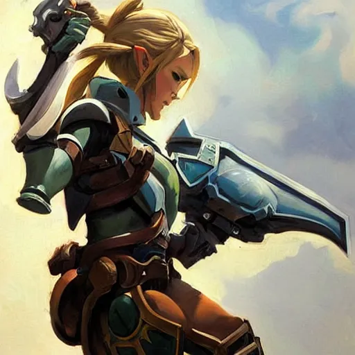 Image similar to greg manchess portrait painting of armored female link from legend of zelda as overwatch character, medium shot, asymmetrical, profile picture, organic painting, sunny day, matte painting, bold shapes, hard edges, street art, trending on artstation, by huang guangjian and gil elvgren and sachin teng