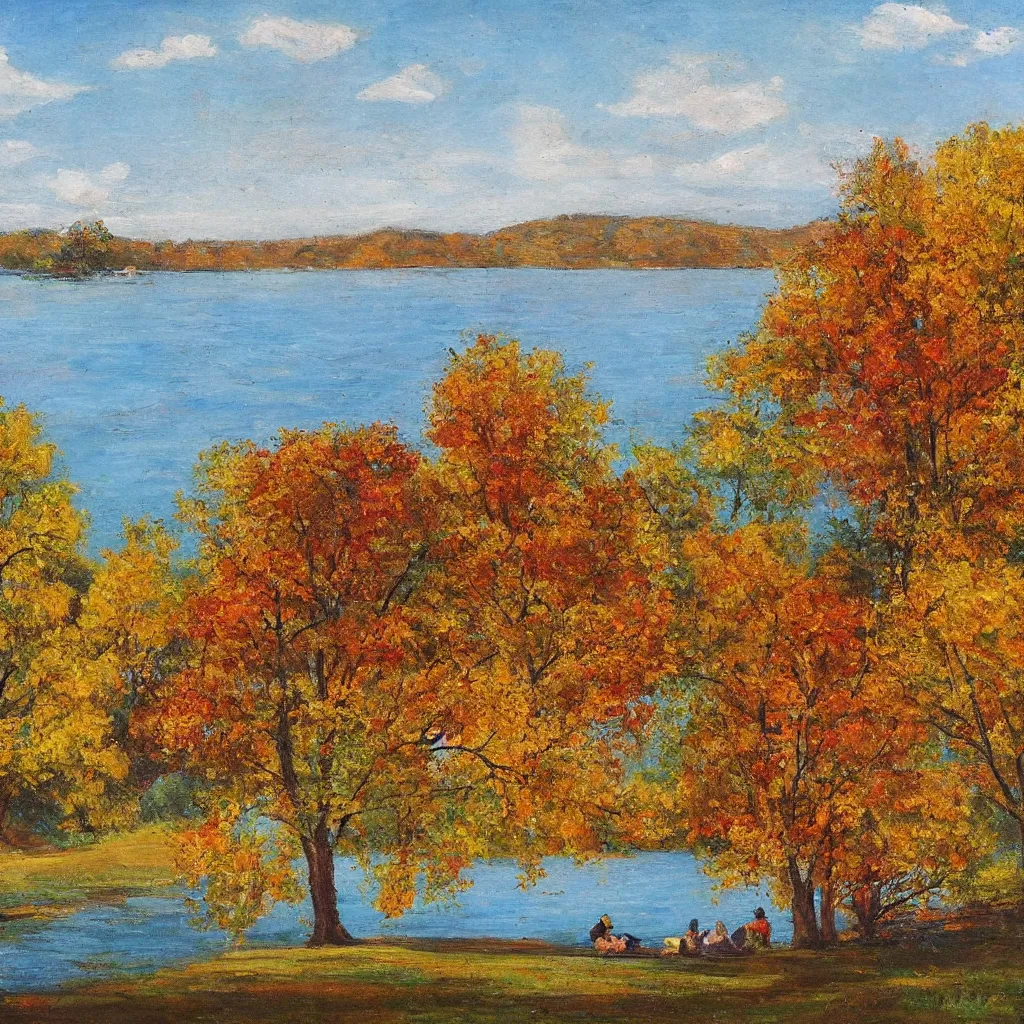 Prompt: picnic by the lake in autumn by durand