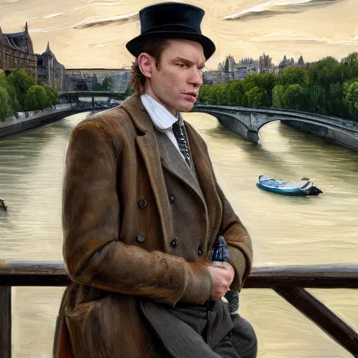 Image similar to high quality high detail painting by lucian freud, ewan mcgregor is standing by the river seine on a bridge in the morning. he is wearing a gentleman ´ s outfit with a bowler hat. next to him at his feet is lying a brown cat. ewan mcgregor is painting a canvas that is put on an easel. morning light, 4 k