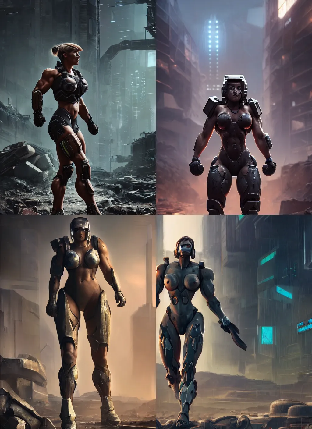 Prompt: a beefy body builder muscular female warrior walking in a cyberpunk wasteland facing the camera, mjolnir armor from halo infinite without a helmet, female face features, 8K, octane render, Digital painting, concept art, illustration, sharp focus, centered, good value control, realistic shading, rational painting, rubber undersuit