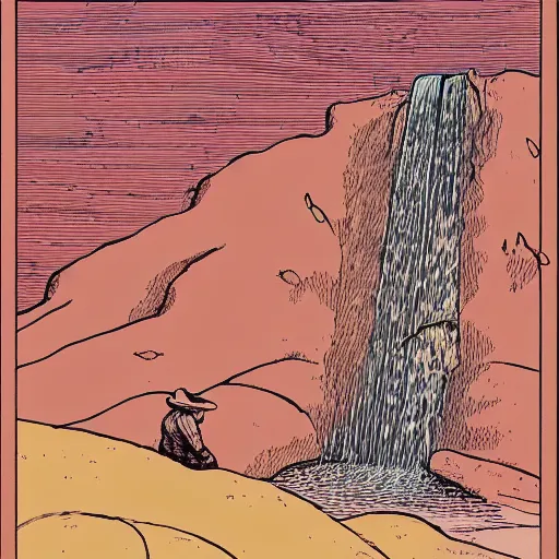 Prompt: ”old man sees waterfall in the desert, by moebius”