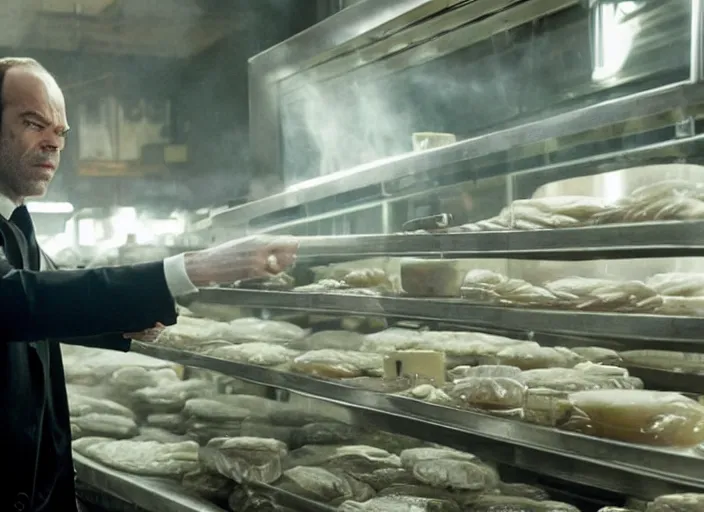 Image similar to film still of hugo weaving as agent smith working in a bakery in the new matrix movie, 4 k