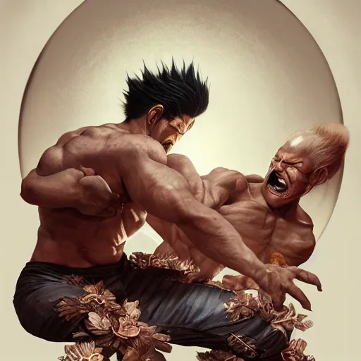 Image similar to ultra realistic illustration of heihachi mishima devouring kazuya mishima, intricate, elegant, highly detailed, digital painting, artstation, concept art, smooth, sharp focus, illustration, art by artgerm and greg rutkowski and alphonse mucha