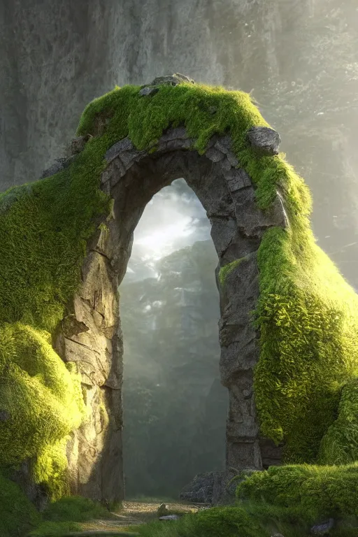 Prompt: the entrance of valhalla, large ornated stone portal, beautiful composition, nature, mossy stone, low angle, rays of light, light dust, octane render, unreal engine, photography, 8 k