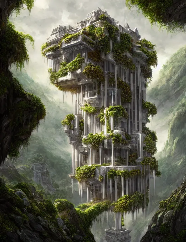 Prompt: a beautiful illustration of a fluid form future mansion with hanging gardens, trending on artstation, digital art, 4 k resolution, detailed, high quality, sharp focus, hq artwork, coherent, insane detail, character portrait