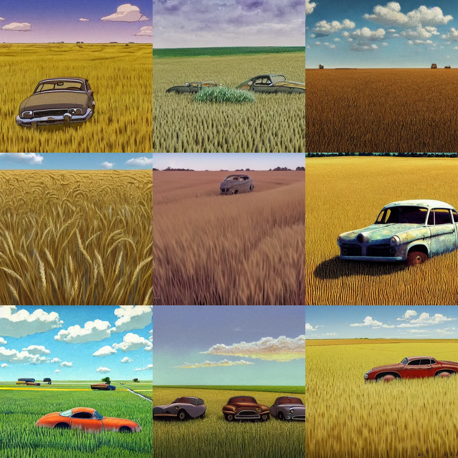 Prompt: several abandoned cars in an endless wheat field, highly detailed, animated, lovely, dreamy, Morandi colour scheme, strong light and shadow atmosphere, painted by Ghibli