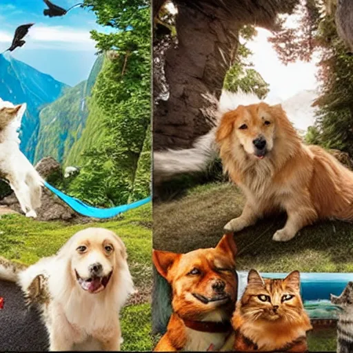 Prompt: Epic scenery involving dogs and cats