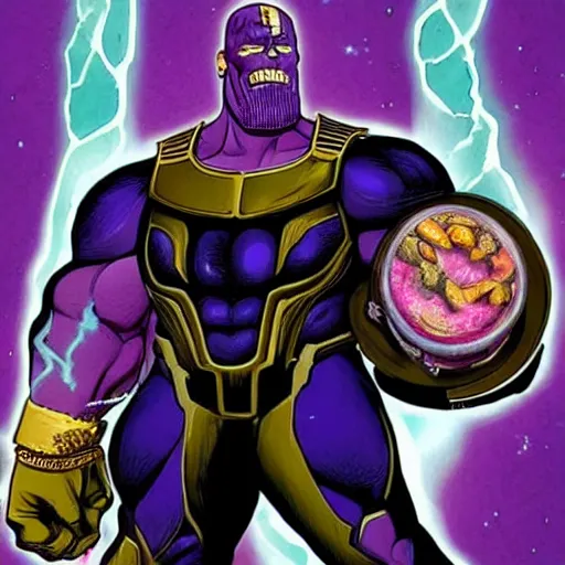 Prompt: photo of thanos wearing a kitchen morto