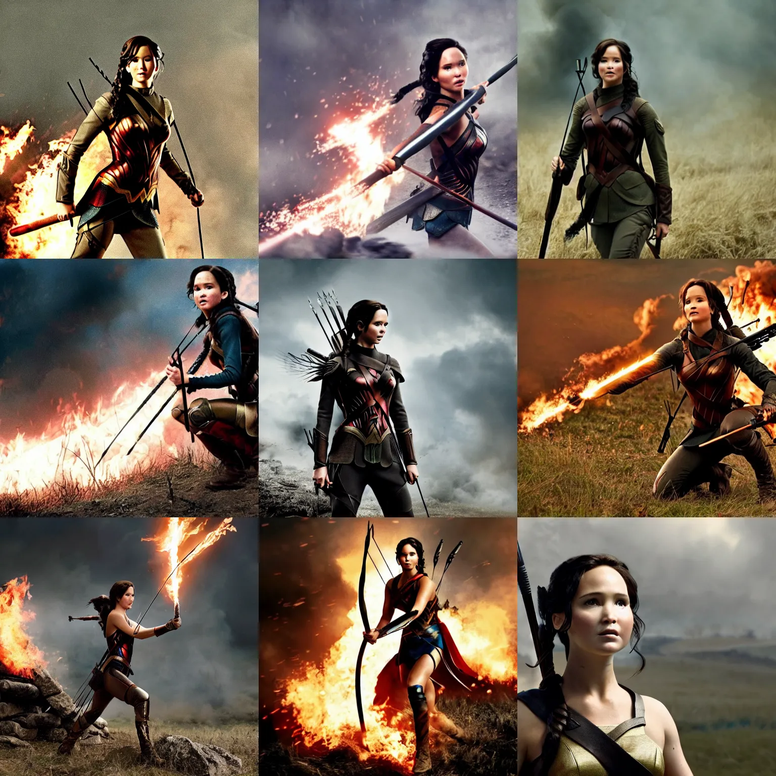 Prompt: Katniss Everdeen as Wonder Woman, on a WW1 battlefield, film still, cinematic, dramatic lighting