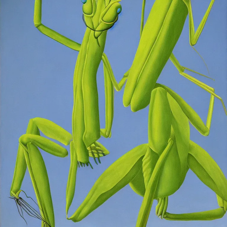 Image similar to praying mantis, by rene magritte, centered, detailed painting, hd, hq, high resolution, high detail, 4 k, 8 k