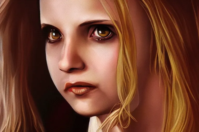 Image similar to Buffy Summers as a vampire, dramatic lighting, hyper-realistic, extremely high detail, trending on artstation