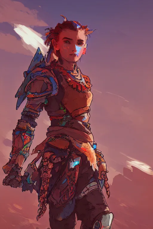 Image similar to combination suit armor aloy horizon forbidden west horizon zero dawn radiating a glowing aura global illumination ray tracing hdr fanart arstation by ian pesty and alena aenami artworks in 4 k tribal robot ninja mask helmet backpack