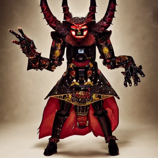 Image similar to uhd candid photo of the robot devil wearing bizarre emperor costume, intricate attire. photo by annie leibowitz