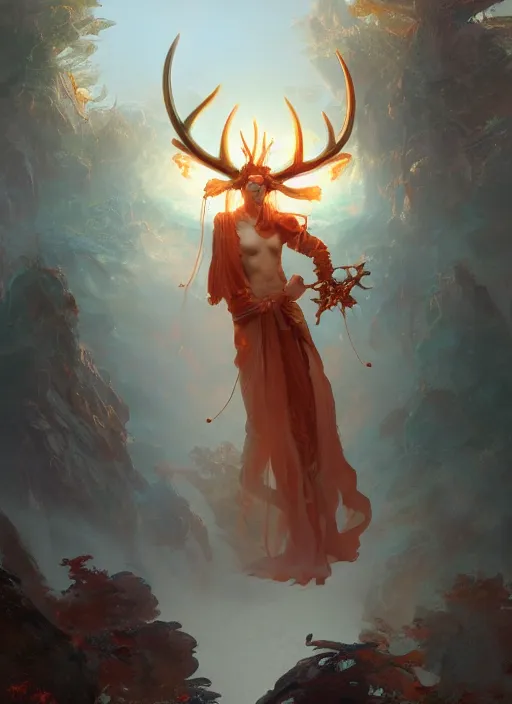 Image similar to Gigantic Deity with a halo made of antlers and translucent mushrooms, extremly detailed digital painting, in the style of Fenghua Zhong and Ruan Jia and Jeremy Lipking and Peter Mohrbacher, mystical colors, rim light, beautiful lighting, 8k, stunning scene, raytracing, octane, trending on artstation