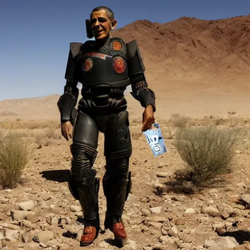 Image similar to award winning photograph of barack obama wearing fallout t - 5 1 b power armor in the mojave desert