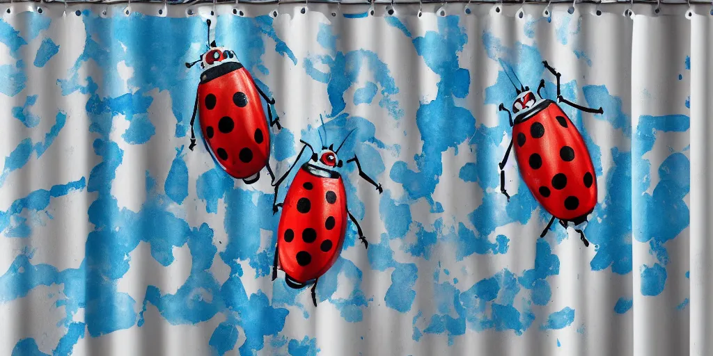 Prompt: shower curtain product catalog. wide - angle photo. on the curtain is a low - angle hero - shot watercolor of a ladybug robot. the robot has an epic fight with darth vader ( obi - wan kenobi ). the water color has ink under drawing. highly coherent, product photography of a shower curtain, product lighting. 4 k, highly detailed. saturated.