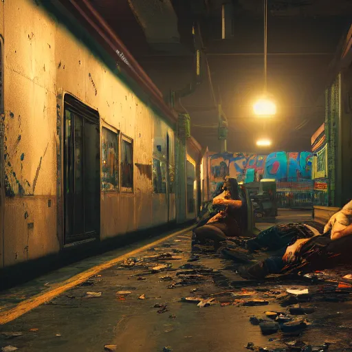 Image similar to abandoned subway homeless slum low light. Cyberpunk 2077. CP2077. 3840 x 2160