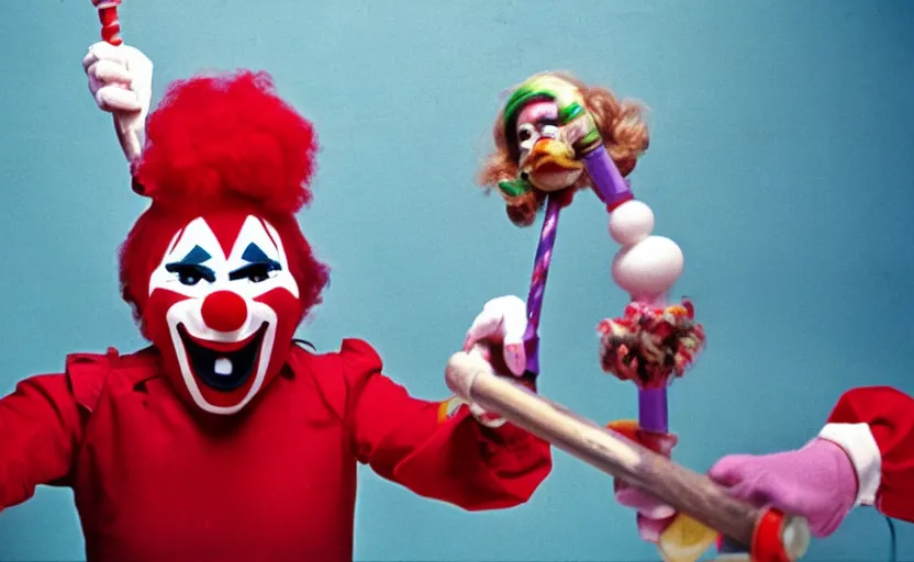 Prompt: 7 0 s movie still of jenny mccarthy in a clown outfit batting an octopus with nunchucks, kodachrome, cinecolor, cinestill, highly detailed, photorealistic, cinematic, film grain,