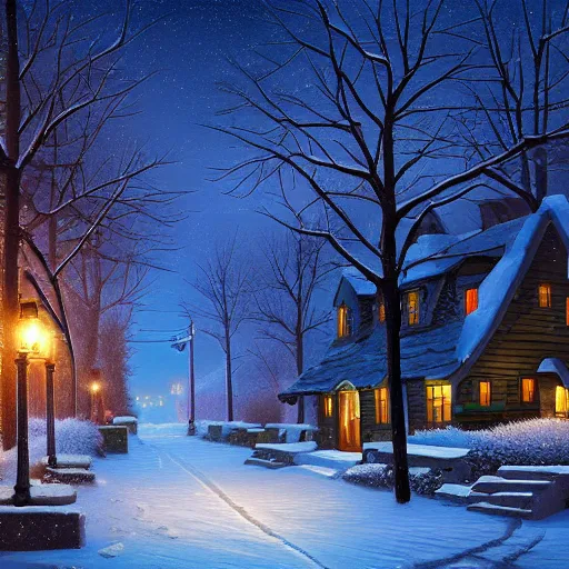 Image similar to street with cottage inspired by Evgeny Lushpin,winter,nighttime,cinematic,art station