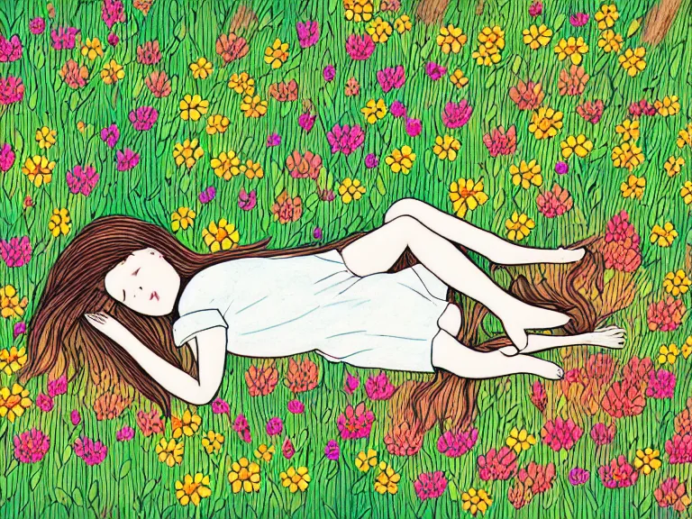 Prompt: drawing of girl laying down in the lawn full of flowers that smells like honey amongst forest with her soul connected to the nature around her. in style of maria prymachenko