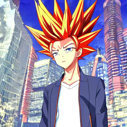 Image similar to 1 7 - year - old orange - gold haired anime boy wearing blue jacket, spiky hair, super saiyan aura, floating above roof, futuristic city in background, 2 0 0 1 anime, subsurface scattering, intricate details, art by toei, art by studio gainax, studio trigger art