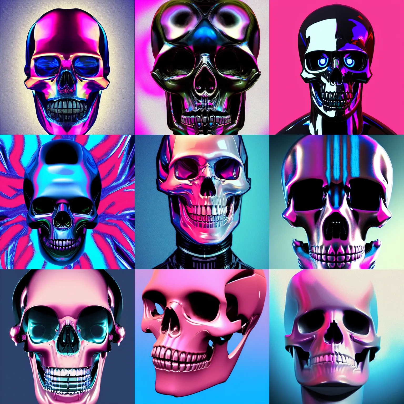 Prompt: portrait of a high gloss black robot skull, blue and pink highlights, digital art, artstation