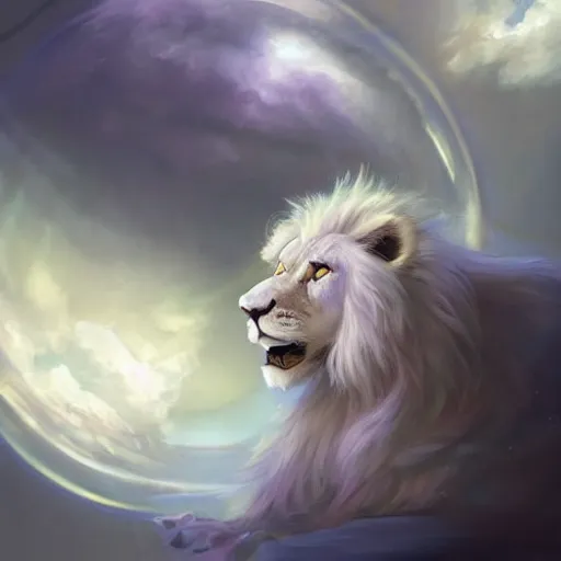 Image similar to aesthetic portrait commission of a albino male furry anthro lion floating inside a floating soap bubble in a blue cloudy sky with clouds orbiting the bubble like a planet, minimalistic art, hyperdetailed. Character design by charlie bowater, ross tran, artgerm, and makoto shinkai, detailed, inked, western comic book art, 2021 award winning painting