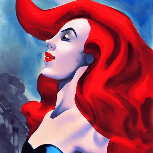 Prompt: black and red watercolor painting of little mermaid from disney by alex ross