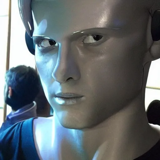 Prompt: “a realistic detailed photo of a guy who is an attractive humanoid who is half robot and half humanoid, who is a male android, singer Grant Knoche, shiny skin, posing like a statue, blank stare, on stage, on display”