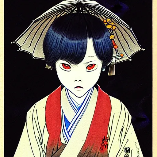 Image similar to prompt : portrait of yokai character painted in miyazaki color style drawn by katsuhiro otomo and takato yamamoto, inspired by fables, china doll face, smooth face feature, intricate oil painting, high detail, sharp high detail, manga and anime 2 0 0 0