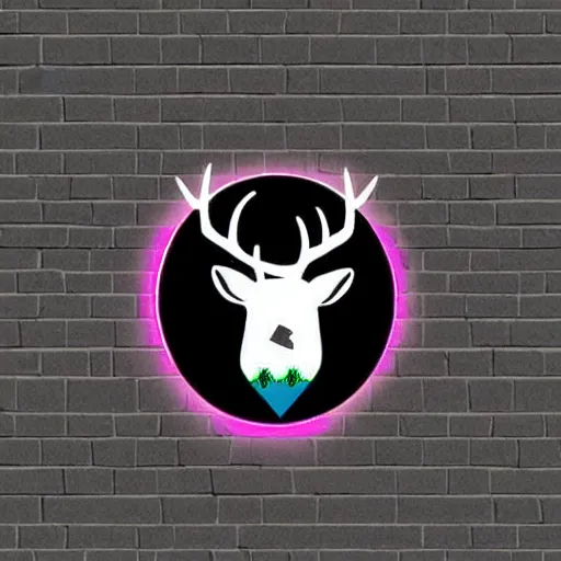 Image similar to logo for evil corporation that involves deer, retro synthwave style