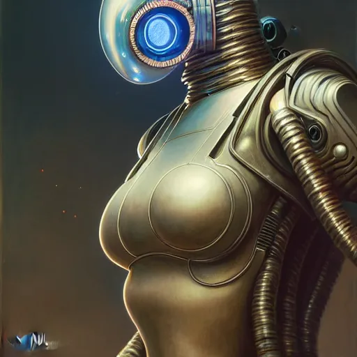 Image similar to low angle shot of a cyberpunk gazmask robot character, intricate, elegant, highly detailed, centered, digital painting, artstation, concept art, smooth, sharp focus, illustration, artgerm, Tomasz Alen Kopera, Peter Mohrbacher, donato giancola, Joseph Christian Leyendecker, WLOP, Boris Vallejo