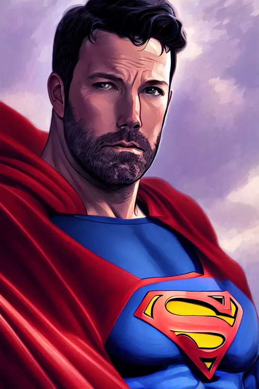 Image similar to ben affleck as superman, portrait,, highly detailed, digital painting, artstation, concept art, smooth, sharp focus, illustration, cinematic lighting, art by artgerm and greg rutkowski and alphonse mucha