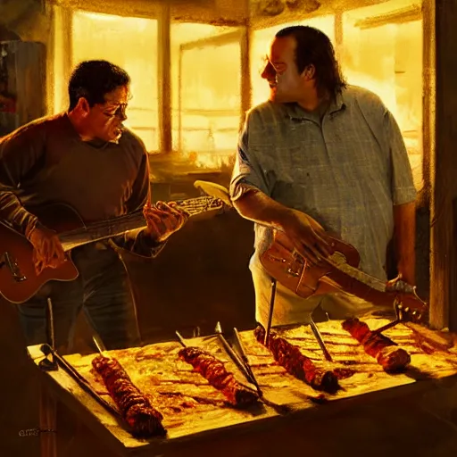 Prompt: Tony Soprano and Gustavo Fring in night at the yard speaking while grilling kebabs and one guy playing guitar, oil painting by Cedric Peyravernay, highly detailed, cinematic concept art, dramatic lighting