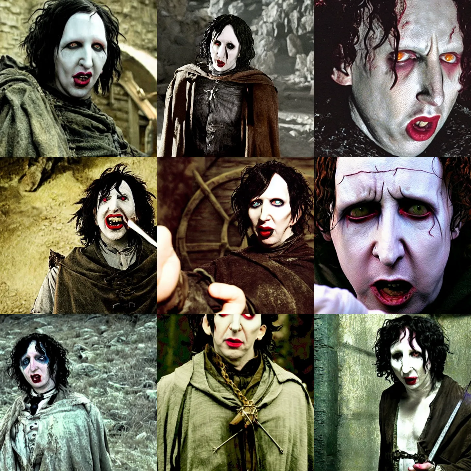 Prompt: Marilyn Manson as Frodo Baggins, movie still from Lord of the Rings