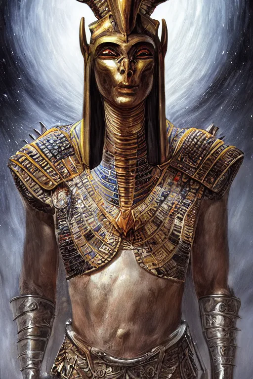 Image similar to full body concept art of Ancient Egypt warrior wear baphomet armor made with porcelain by Jeff Easley and Peter Elson + beautiful eyes, beautiful face + symmetry face + galaxy + gothic, surreal, dread + highly detailed, intricate complexity, epic composition, magical atmosphere + masterpiece, award winning + trending on artstation