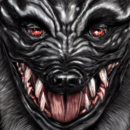 Image similar to venom dog version, ultra realistic, highly detailed, photorealism, scary, intricate detail, high res, textures, extremes, dark, twisted, black, wiry, superhero, antihero, powerful, teeth, licking tongue, dog, hair, german shepard trending on artstation